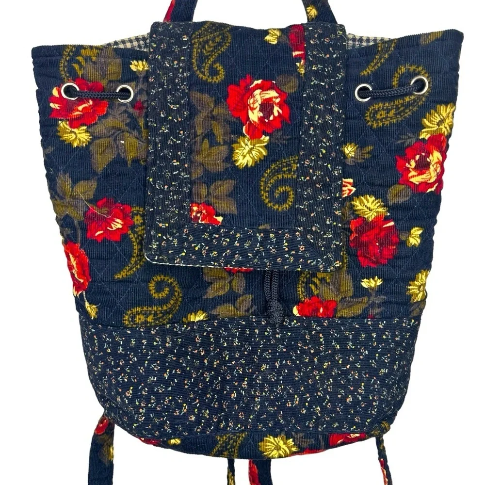 Vintage Scandia Floral Book Bag / Back Pack Black / Red / Yellow Plaid Interior